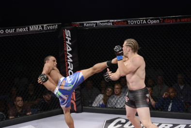 mma fighter kicking opponent