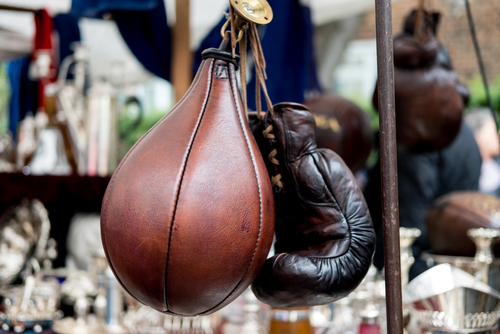 Old school speed bag and boxing gloves