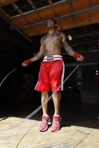 Jumping rope to prepare for a boxing competition