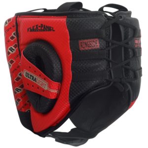 Best Boxing Headgear: Rear view of Red and black apex headgear showing rear lace-up fastener.