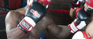 Best Boxing Gloves: pro-style sparring gloves with hook and loop wrap around closure in use in the ring. 