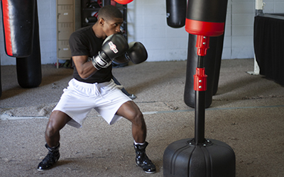 Defensively crouching while doing bagwork.