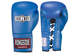A pair of blue, lace up competition boxing gloves from Ringside Boxing.