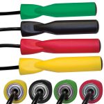 Professional speed rope style jump ropes, handles only shown in four colors: green, black, red, and yellow. 