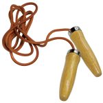 Leather jump rope with wooden handles.