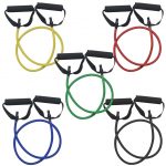 Resistance band tubes with easy grip handles. Shown here in five different colors/resistances. 