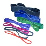 Full length body band style resistance band loops. Shown in multiple colors and sizes. 